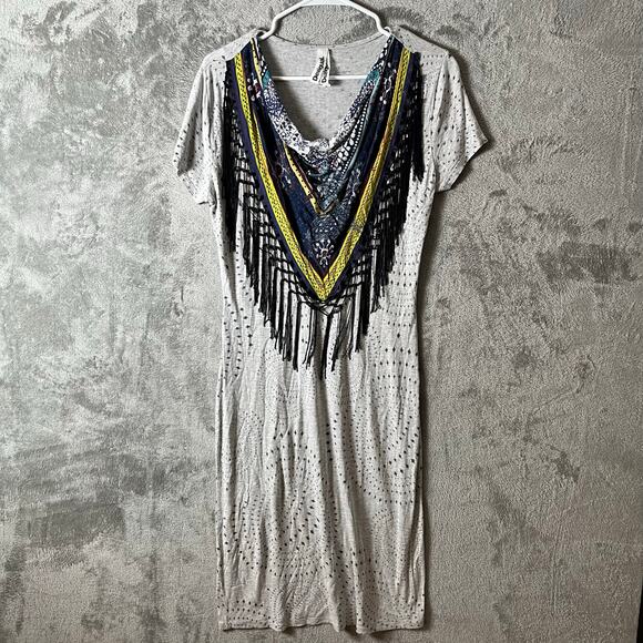 DESIGUAL Melange Scarf Neck Printed Sheath Dress Grey Stretch Large Art Boho - Picture 1 of 5